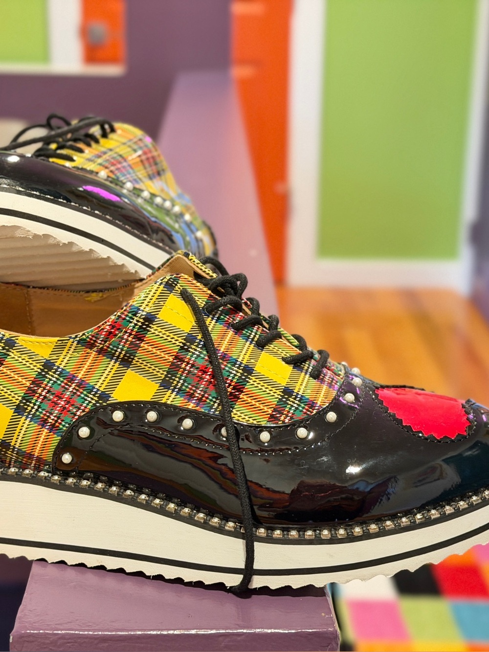 Betsy Johnson Plaid Platform Oxfords w/Heart Detail